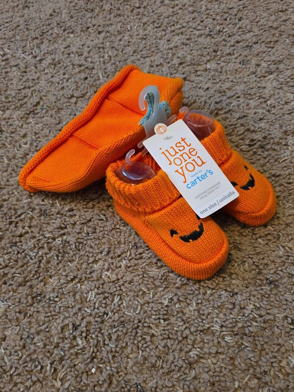 Carter's Bright Orange Knit Baby Booties with Jack-O'-Lantern Face